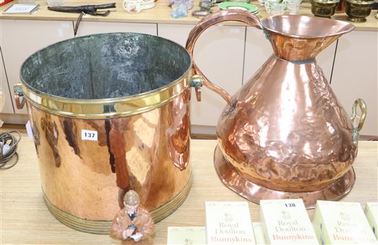 A large copper haystack measure and a copper coal bin tallest 45cm